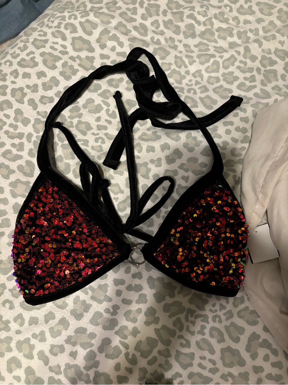 Sequin Triangle Bralette - Black with Red Accent Sequins